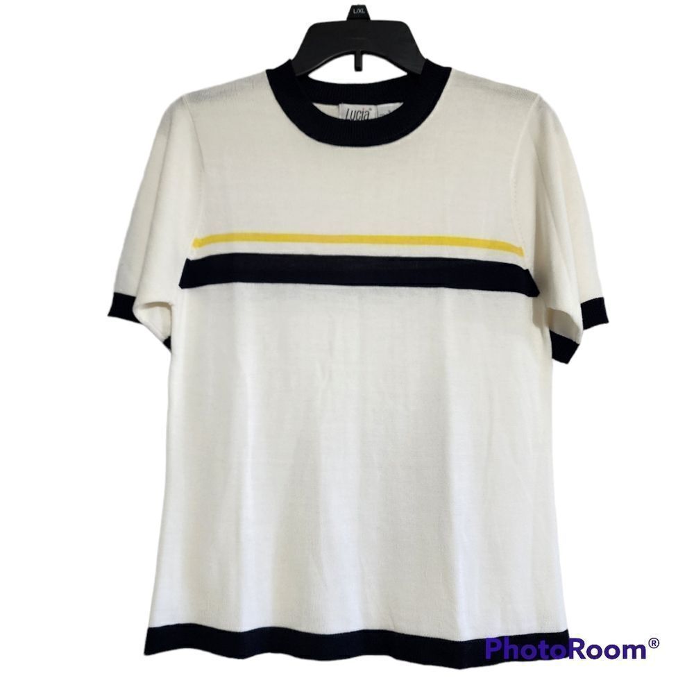 Vintage white Navy Stripe  short sleeve Knit sweater top S